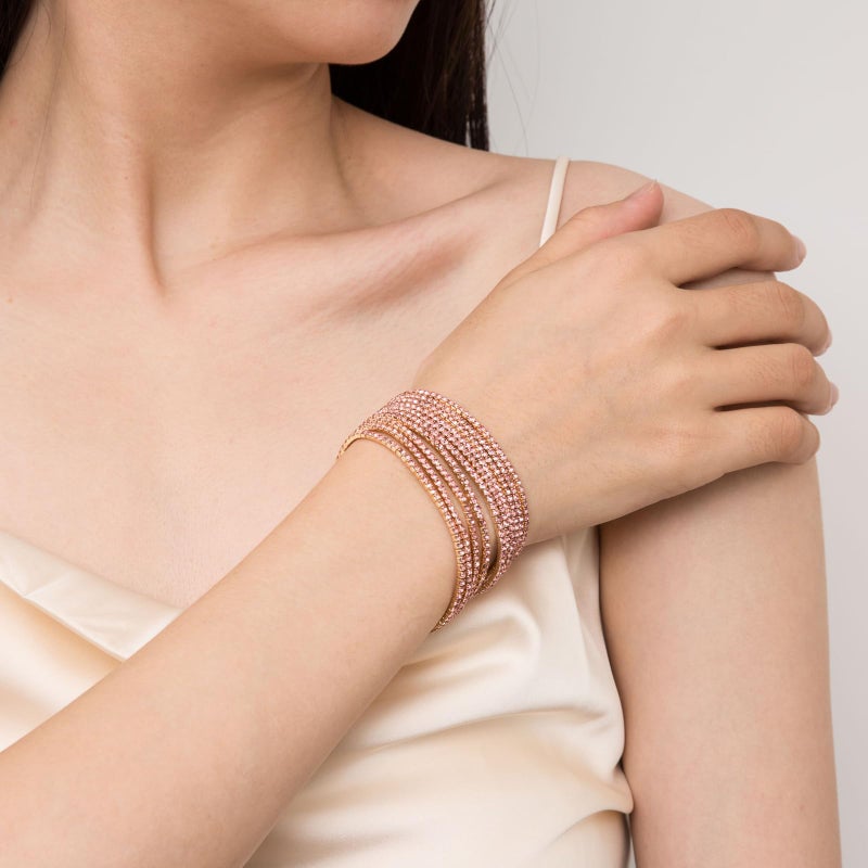 HZMAN 10 Pcs Tennis Bracelets Set for Women 14K Gold Plated Dainty Cubic Zirconia Adjustable Stackable Stretch Bracelet Wedding Party Jewelry Gift (Pink) - Image 3