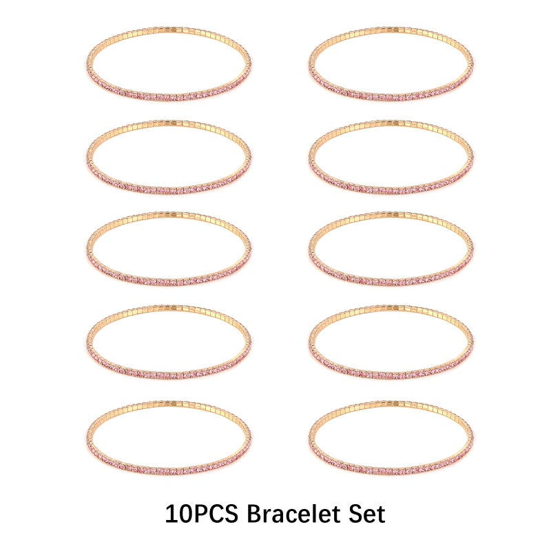 HZMAN 10 Pcs Tennis Bracelets Set for Women 14K Gold Plated Dainty Cubic Zirconia Adjustable Stackable Stretch Bracelet Wedding Party Jewelry Gift (Pink) - Image 5