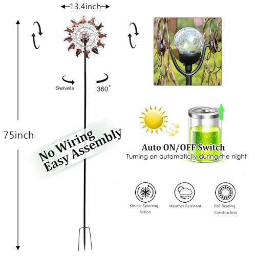 HDNICEZM Solar Wind Spinner Multi-Color LED Lighting by Solar Powered Glass Ball with Kinetic Wind Aculptures Dual Direction Decorative Lawn Ornament Wind Mill - Image 3