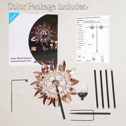 HDNICEZM Solar Wind Spinner Multi-Color LED Lighting by Solar Powered Glass Ball with Kinetic Wind Aculptures Dual Direction Decorative Lawn Ornament Wind Mill - Image 4