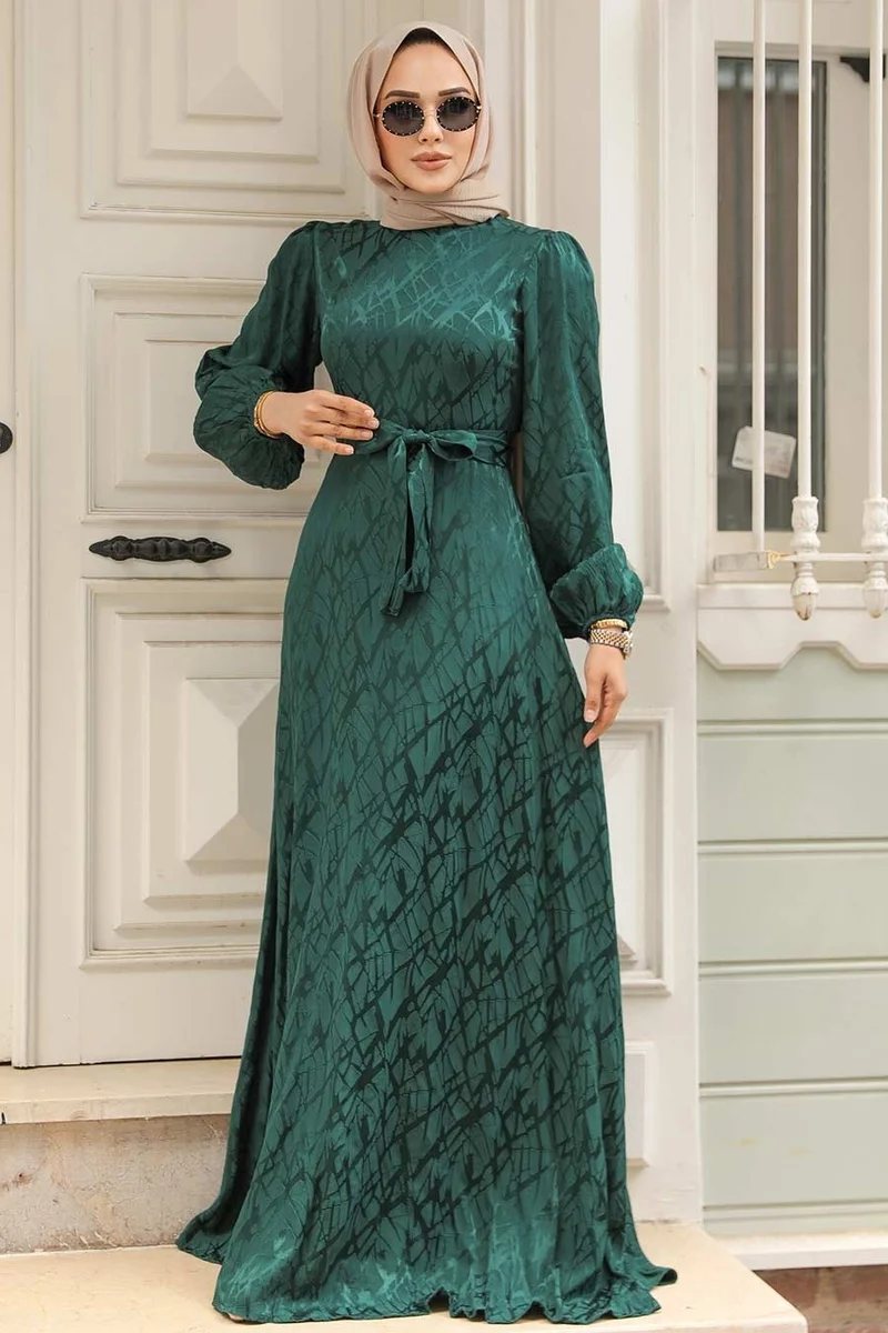 Neva Style Patterned Emerald Green Hijab Dress 23272ZY