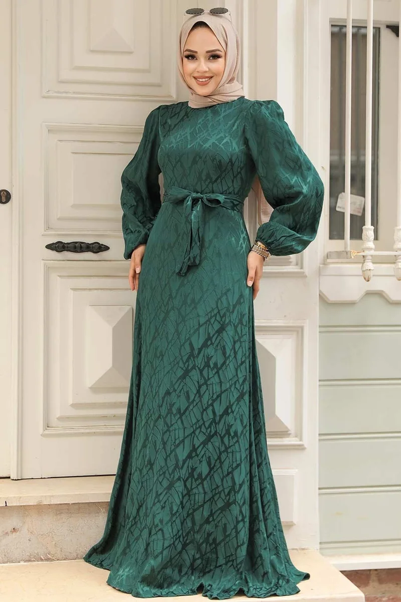 Neva Style Patterned Emerald Green Hijab Dress 23272ZY