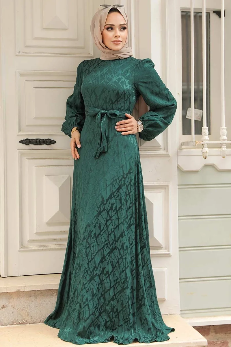 Neva Style Patterned Emerald Green Hijab Dress 23272ZY