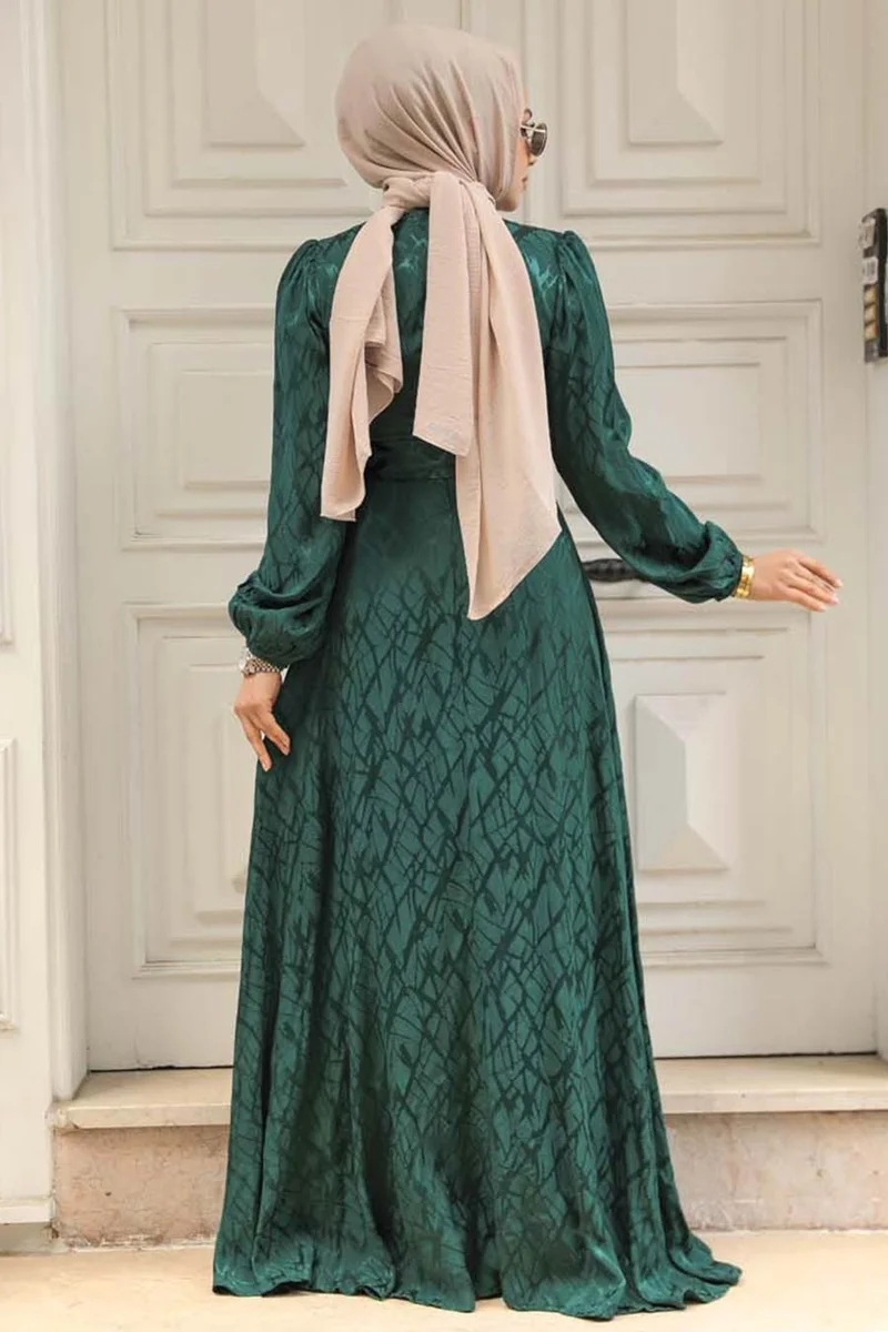 Neva Style Patterned Emerald Green Hijab Dress 23272ZY