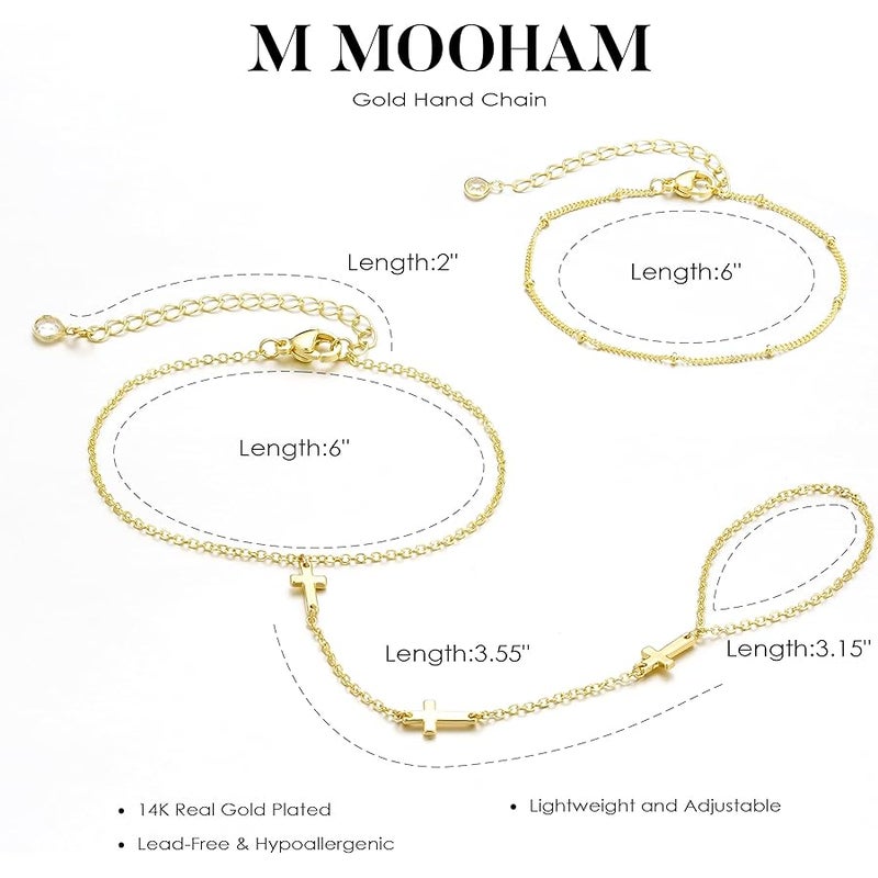 M MOOHAM 14K-Gold-Plated Hand Chain Bracelet for Women, Dainty Ring Bracelet Hands Chain Cubic Zirconia Clover Butterfly Cross Heart Finger Rings Bracelets for Women Teen Girl Gifts - Image 5