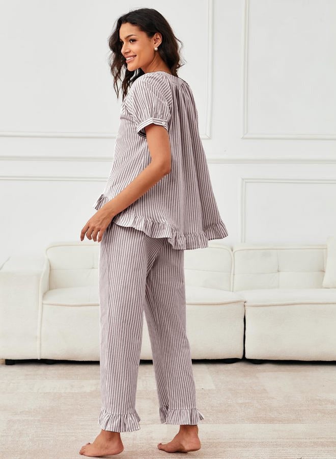 Flygo Womens Striped Pajama Sets 2 Piece Cotton Pjs Lounge Set Ruffle Button Down Tops Long Pants Soft Sleepwear with Pockets, Coffee, L - Image 4