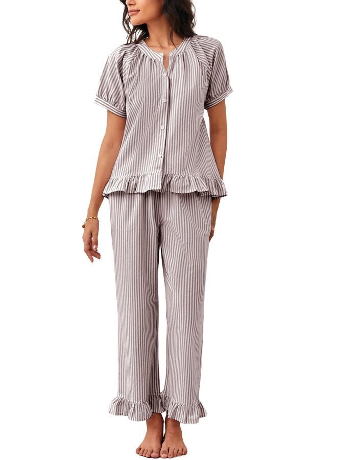Flygo Womens Striped Pajama Sets 2 Piece Cotton Pjs Lounge Set Ruffle Button Down Tops Long Pants Soft Sleepwear with Pockets, Coffee, L - Image 1