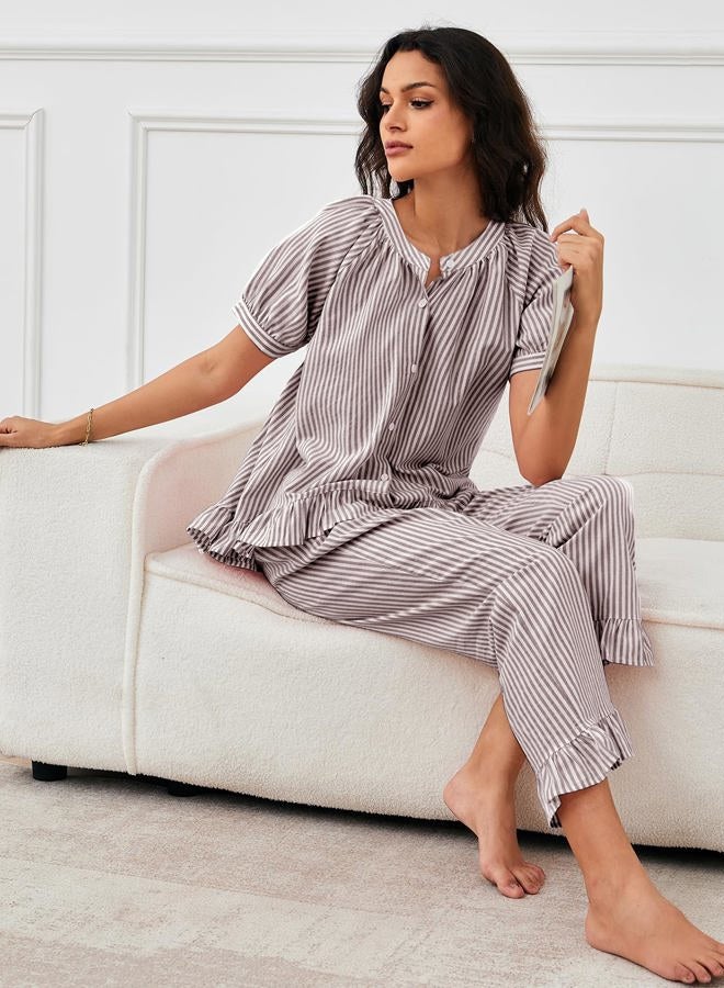 Flygo Womens Striped Pajama Sets 2 Piece Cotton Pjs Lounge Set Ruffle Button Down Tops Long Pants Soft Sleepwear with Pockets, Coffee, L - Image 5