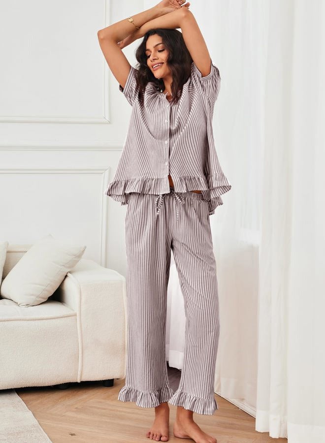 Flygo Womens Striped Pajama Sets 2 Piece Cotton Pjs Lounge Set Ruffle Button Down Tops Long Pants Soft Sleepwear with Pockets, Coffee, L - Image 2