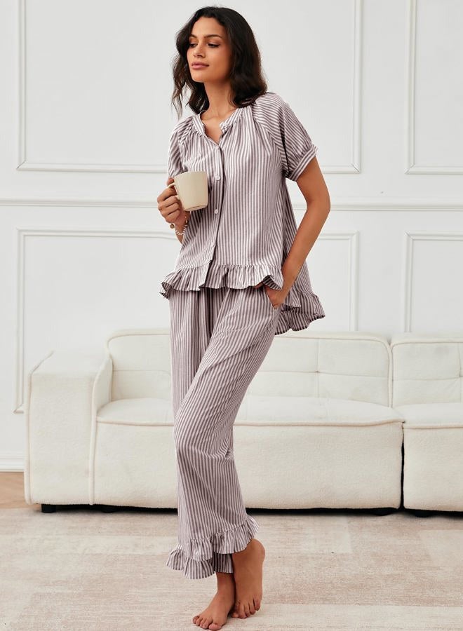 Flygo Womens Striped Pajama Sets 2 Piece Cotton Pjs Lounge Set Ruffle Button Down Tops Long Pants Soft Sleepwear with Pockets, Coffee, L - Image 3