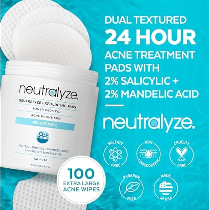 Neutralyze Exfoliating Acne Toner Pads - Dual Textured, Maximum Strength Acne Wipes for Face & Body with 2% Salicylic Acid & 2% Mandelic Acid for Teens & Adults (100 Wipes) - Image 3