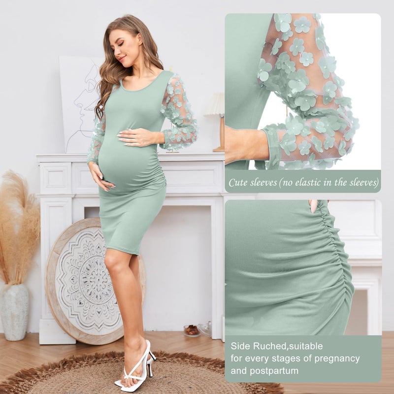LAHILO Floral Mesh Bishop Long Sleeve Maternity Midi Dress, Fall Maternity Bodycon Dress for Baby Shower Light Green - Image 5
