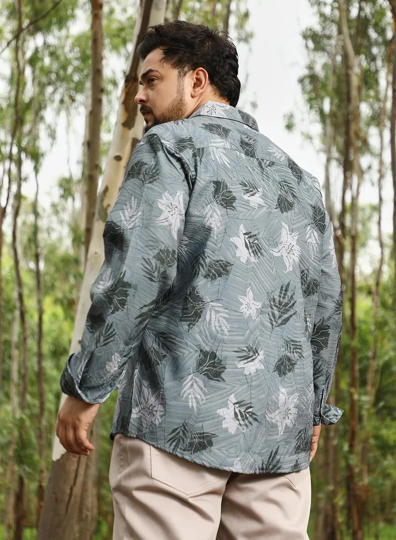 Instafab Plus  Instafab Plus Men Leaf-Imprint Foliage-Tactile Shirt | Spread Collar , Long Cuffed Sleeves | Button Closure , Curved Hem | Floral Print Textured | Woven Fabric For Party & Evening Wear | Moon Grey for Men | Best Price UAE