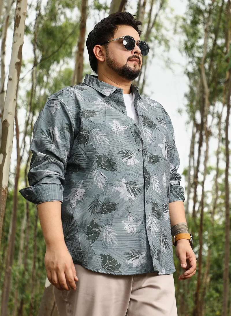 انستافاب بلس قميص رجالي مطبوع بأوراق شجر بياقة عريضة وأكمام طويلة بأزرار وحافة منحنية وطبعة زهور منسوجة بلون رمادي قمري
