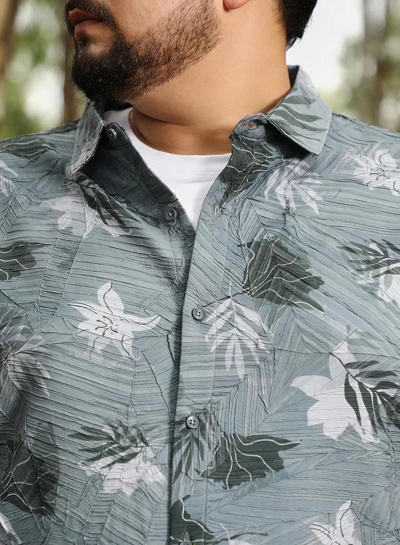 Instafab Plus  Instafab Plus Men Leaf-Imprint Foliage-Tactile Shirt | Spread Collar , Long Cuffed Sleeves | Button Closure , Curved Hem | Floral Print Textured | Woven Fabric For Party & Evening Wear | Moon Grey for Men | Best Price UAE