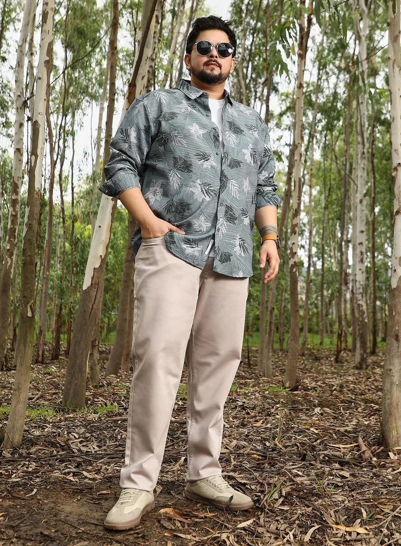 Instafab Plus  Instafab Plus Men Leaf-Imprint Foliage-Tactile Shirt | Spread Collar , Long Cuffed Sleeves | Button Closure , Curved Hem | Floral Print Textured | Woven Fabric For Party & Evening Wear | Moon Grey for Men | Best Price UAE