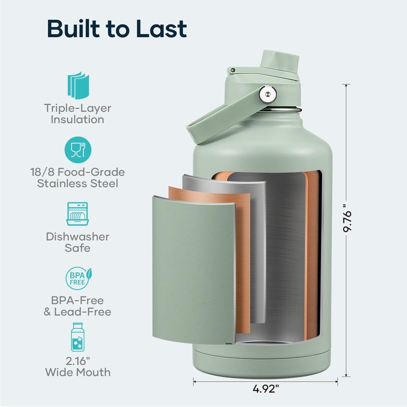 BUZIO 64oz Insulated Water Bottle, Half gallon Stainless Steel Jug (Cold for 48 Hrs), Triple Wall Vacuum Large Metal Flask with Leakproof Straw Lid and Carry Sleeve, Sage Green - Image 4