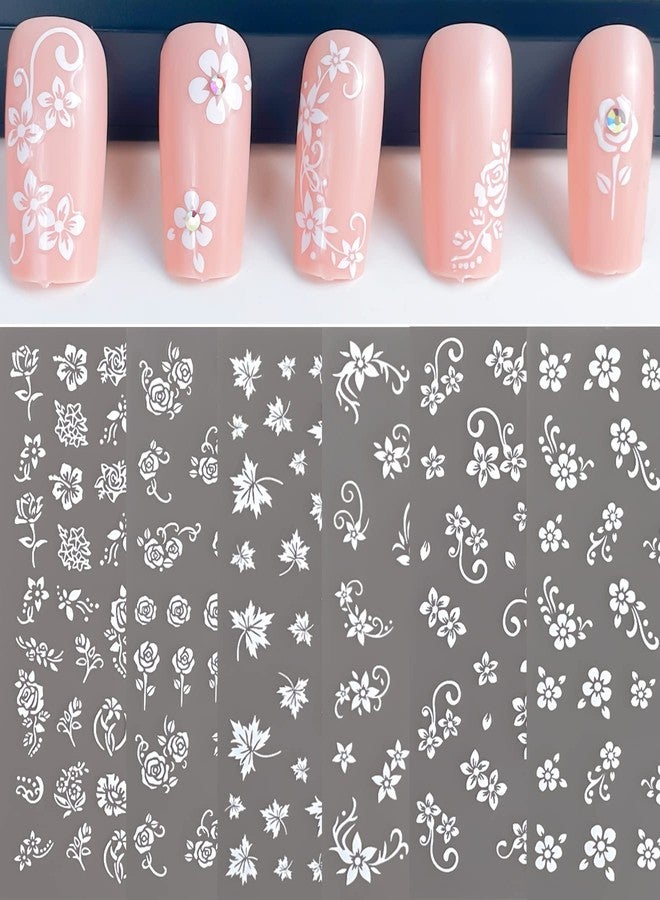 IHUKEIT White Flower Nail Art Decal Stickers for Women Fingernails Acrylic Nails Designs and Nail Decoration Self Adhesive Floret Nail Stickers for Nails Decor (Pack of 6) - Image 1