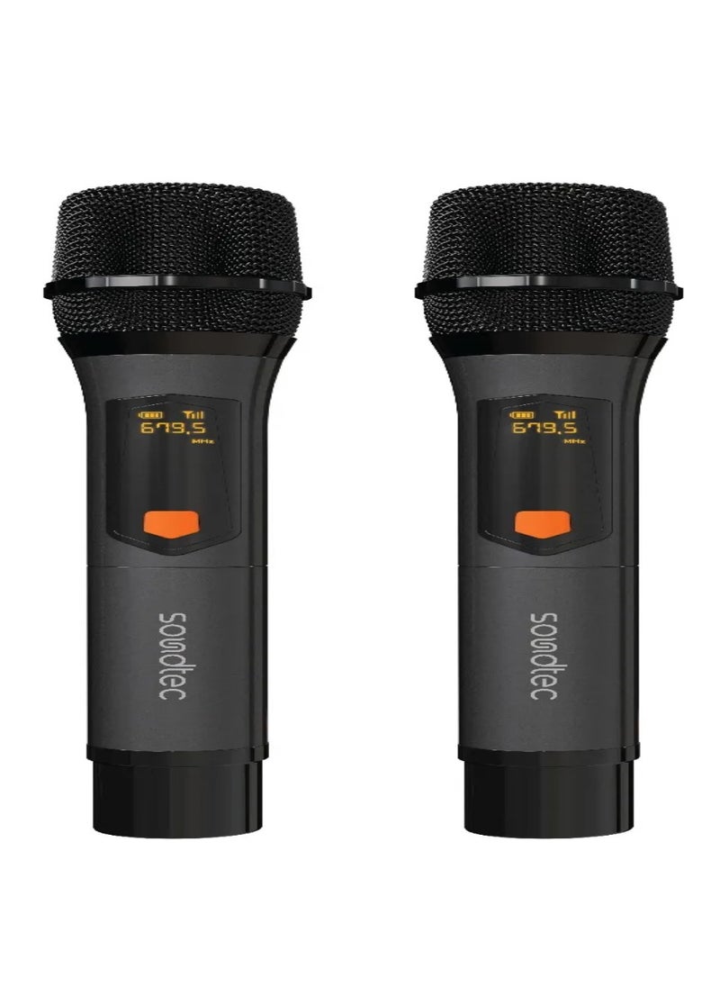 porodo - Soundtec Duo Mic Aluminum Rechargeable Wireless Microphone / High-Quality Sound / Digital Display / Ultra High Frequency / Plug & Play / Works with Karaoke Machines and Audio Systems - Black - Image 1