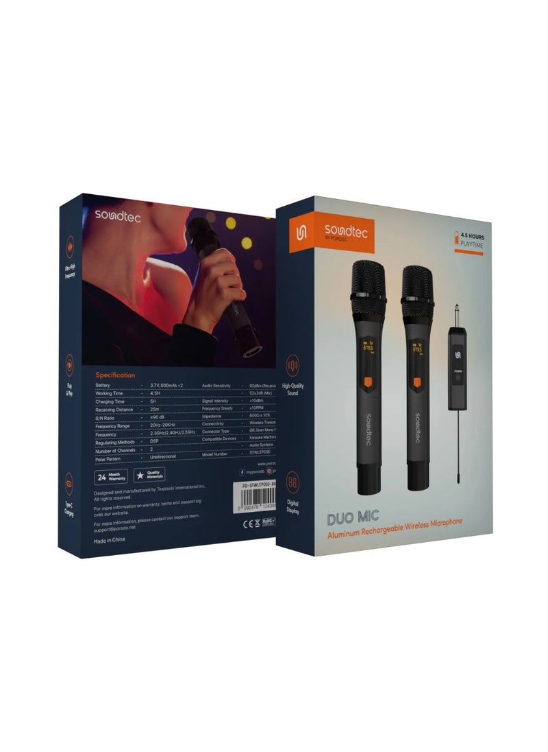 porodo - Soundtec Duo Mic Aluminum Rechargeable Wireless Microphone / High-Quality Sound / Digital Display / Ultra High Frequency / Plug & Play / Works with Karaoke Machines and Audio Systems - Black - Image 1