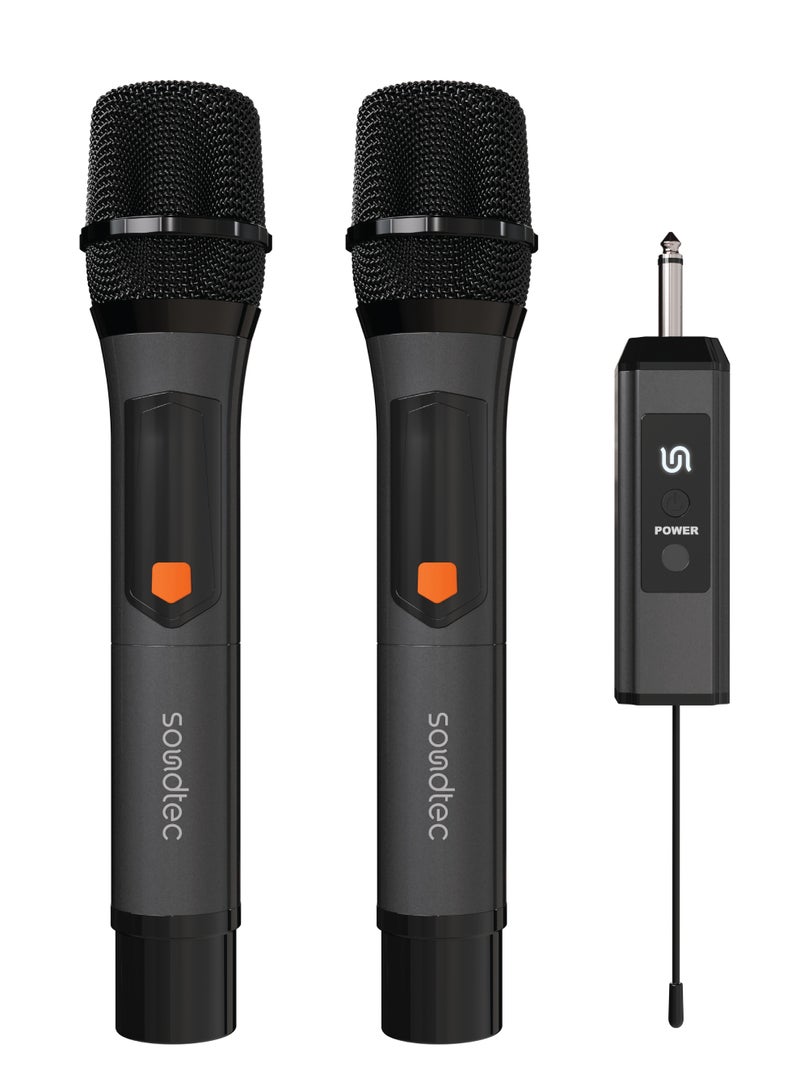 porodo Soundtec Duo Mic Aluminum Rechargeable Wireless Microphone / High-Quality Sound / Digital Display / Ultra High Frequency / Plug & Play / Works with Karaoke Machines and Audio Systems - Black  - Image 1