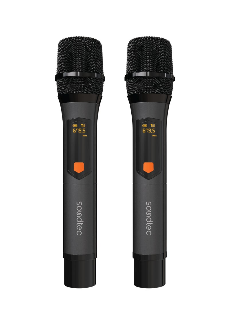 porodo Soundtec Duo Mic Aluminum Rechargeable Wireless Microphone / High-Quality Sound / Digital Display / Ultra High Frequency / Plug & Play / Works with Karaoke Machines and Audio Systems - Black  - Image 3