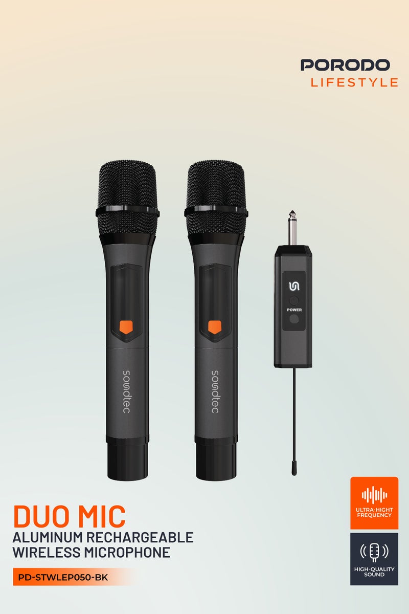 porodo Soundtec Duo Mic Aluminum Rechargeable Wireless Microphone / High-Quality Sound / Digital Display / Ultra High Frequency / Plug & Play / Works with Karaoke Machines and Audio Systems - Black - Image 1