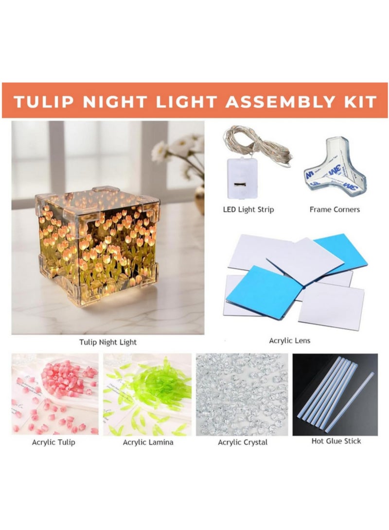 Handmade DIY Tulip Flower Cube Night Light Creative 3D Tulip Flower Sea Lamp Kit for Room Decoration Romantic Birthday Gift 30 Flowers Glass 12*12cm - Image 4