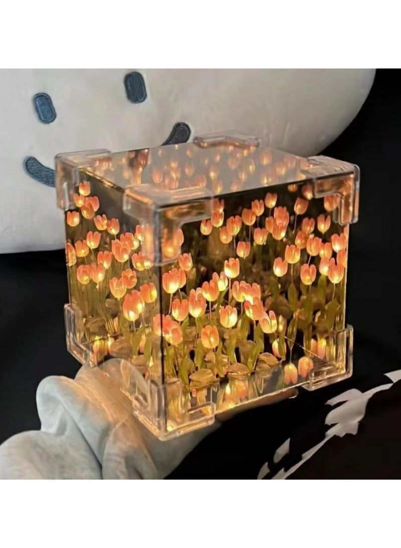 Handmade DIY Tulip Flower Cube Night Light Creative 3D Tulip Flower Sea Lamp Kit for Room Decoration Romantic Birthday Gift 30 Flowers Glass 12*12cm - Image 1