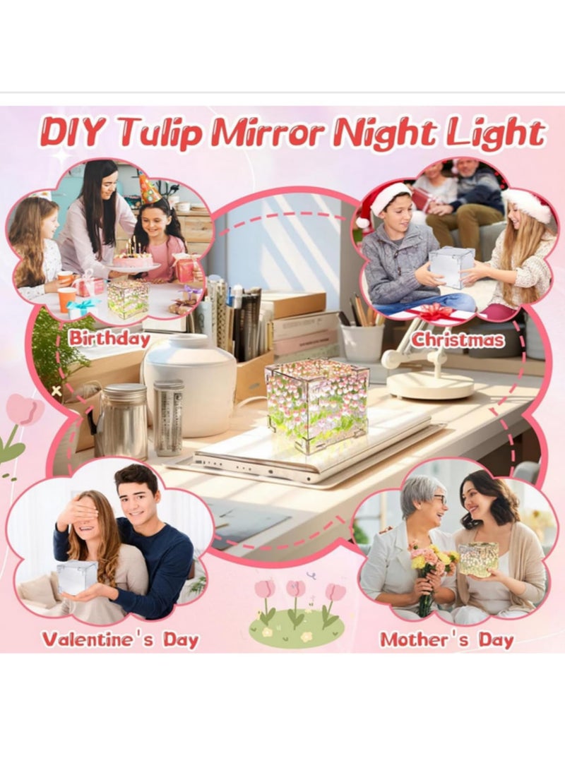 Handmade DIY Tulip Flower Cube Night Light Creative 3D Tulip Flower Sea Lamp Kit for Room Decoration Romantic Birthday Gift 30 Flowers Glass 12*12cm - Image 5