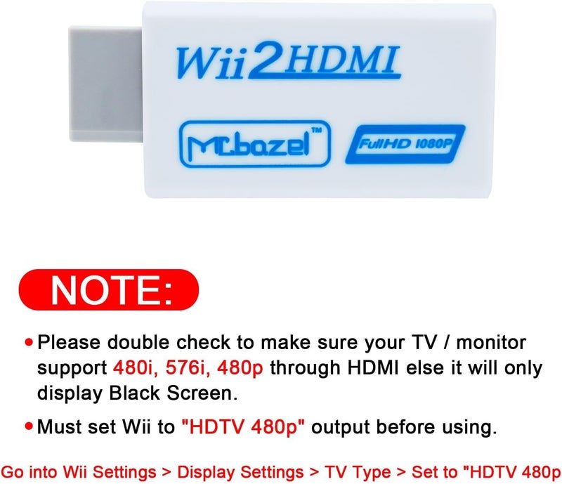 Mcbazel موصل Wii إلى HDMI 1080p 720p مخرج فيديو وصوت 3.5 مم يدعم جميع أوضاع عرض Wii NTSC 480i 480p، PAL 576i - Image 2
