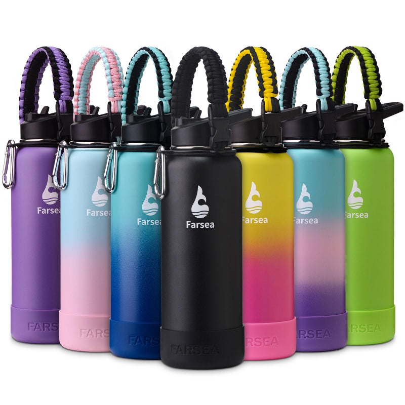 Farsea Insulated Water Bottle With Paracord Handle Protective Silicone Boot and 2 Lids Straw Lid Spout Lid Stainless Steel Water Bottle Wide Mouth Double Wall SweatProof BPAFree 40 oz