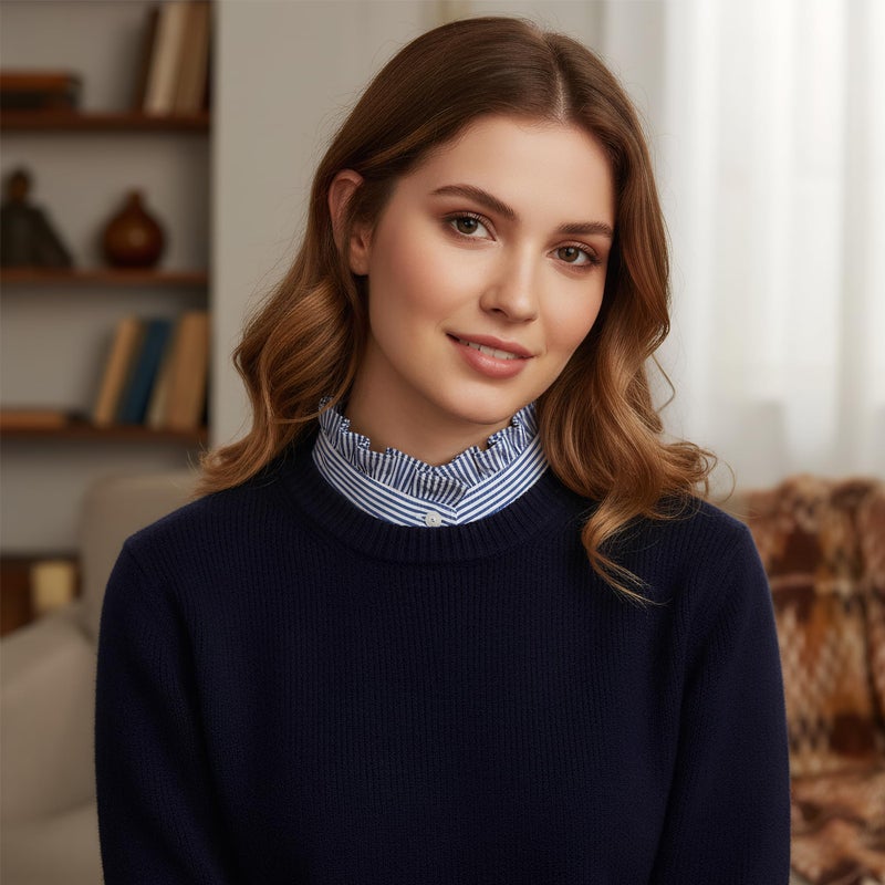 phnydreg Button Down Fake Collar Shirts Vertical Striped Ruffled Collar Fake Half Shirts for Women Blue - Image 3