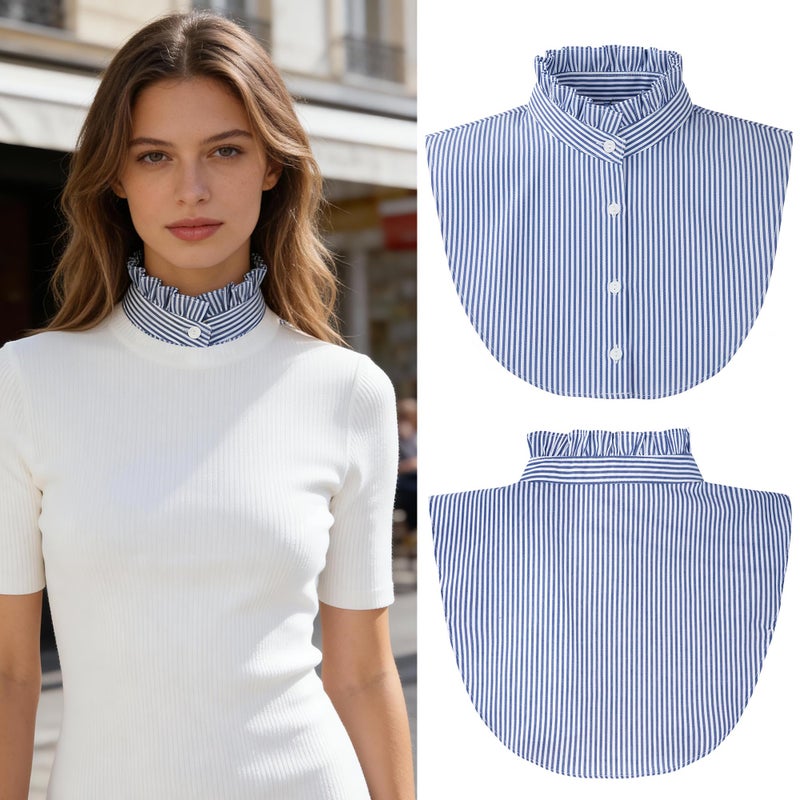 phnydreg Button Down Fake Collar Shirts Vertical Striped Ruffled Collar Fake Half Shirts for Women Blue - Image 2