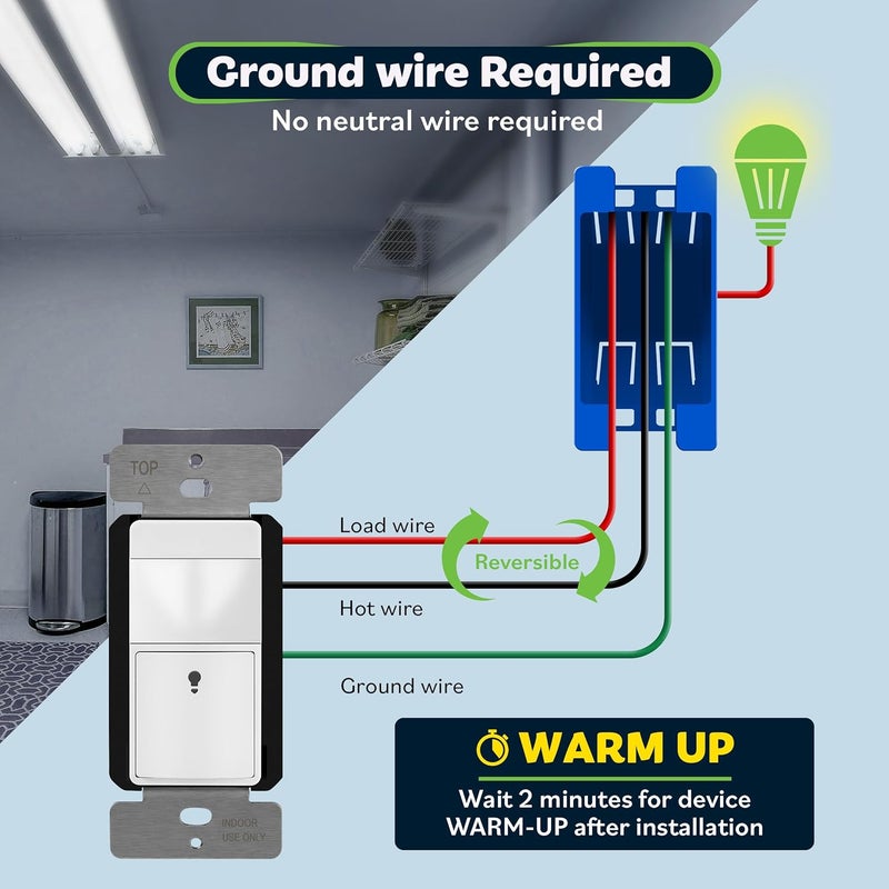 TOPGREENER Motion Sensor Switch, PIR Sensor with Ambient Light Level Detector, Occupancy & Vacancy, No Neutral Wire Required, Ground Wire Required, 5A, 150W LED/CFL, Single Pole, TDOS5-JM, White - Image 2