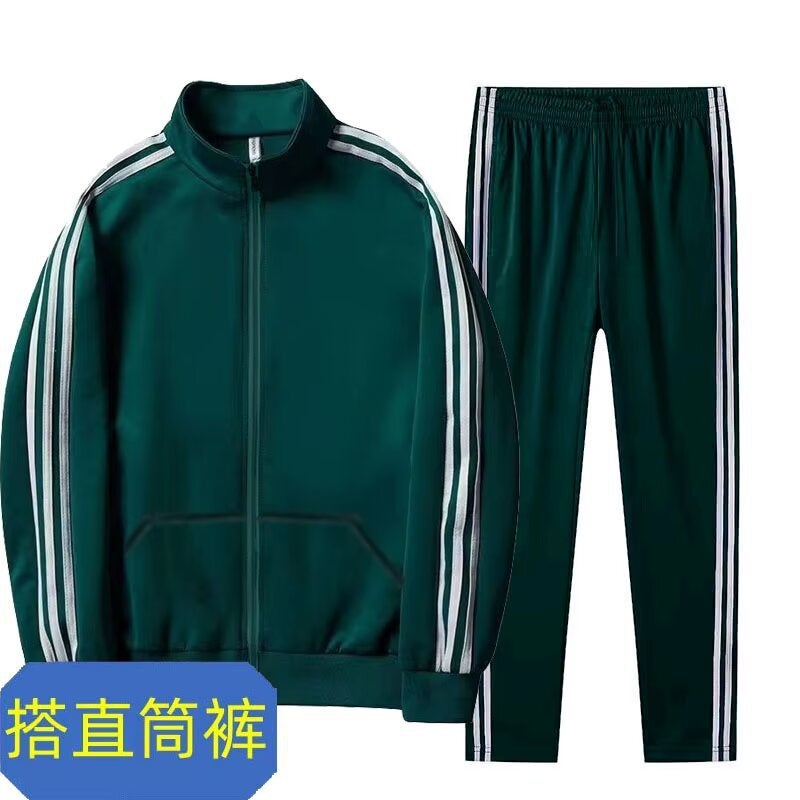 Spring and Autumn Thin Jacket Sportswear Mens Casual Three-Bar suit Outdoor Running Sweatshirt Two-Piece Set Green jacket + green straight pants