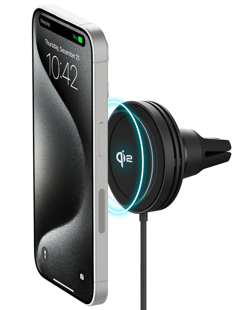 iOttie حامل سيارة شاحن لاسلكي صغير iOttie Velox Qi2 - متوافق مع MagSafe، حامل هاتف لمنافذ الهواء مع شحن بقوة 15 واط للهواتف الذكية المدعومة بـ Qi2 بما في ذلك iPhone 12 و 13 و 14 و 15 و 16. شاحن السيارة متضمن. - Image 1