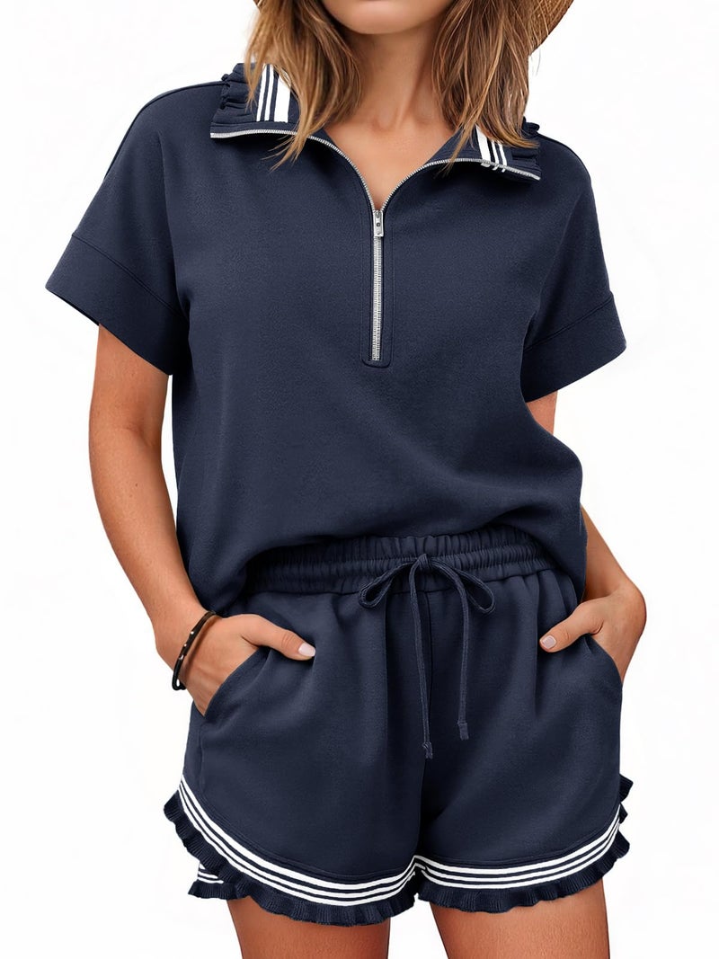 Aoysky 2 Piece Outfits Short Sets for Women Sweatsuit Casual Tracksuits Summer Half Zip Ruffle Tops Matching Sets Navy - Image 1