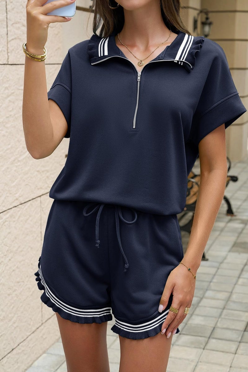 Aoysky 2 Piece Outfits Short Sets for Women Sweatsuit Casual Tracksuits Summer Half Zip Ruffle Tops Matching Sets Navy - Image 2