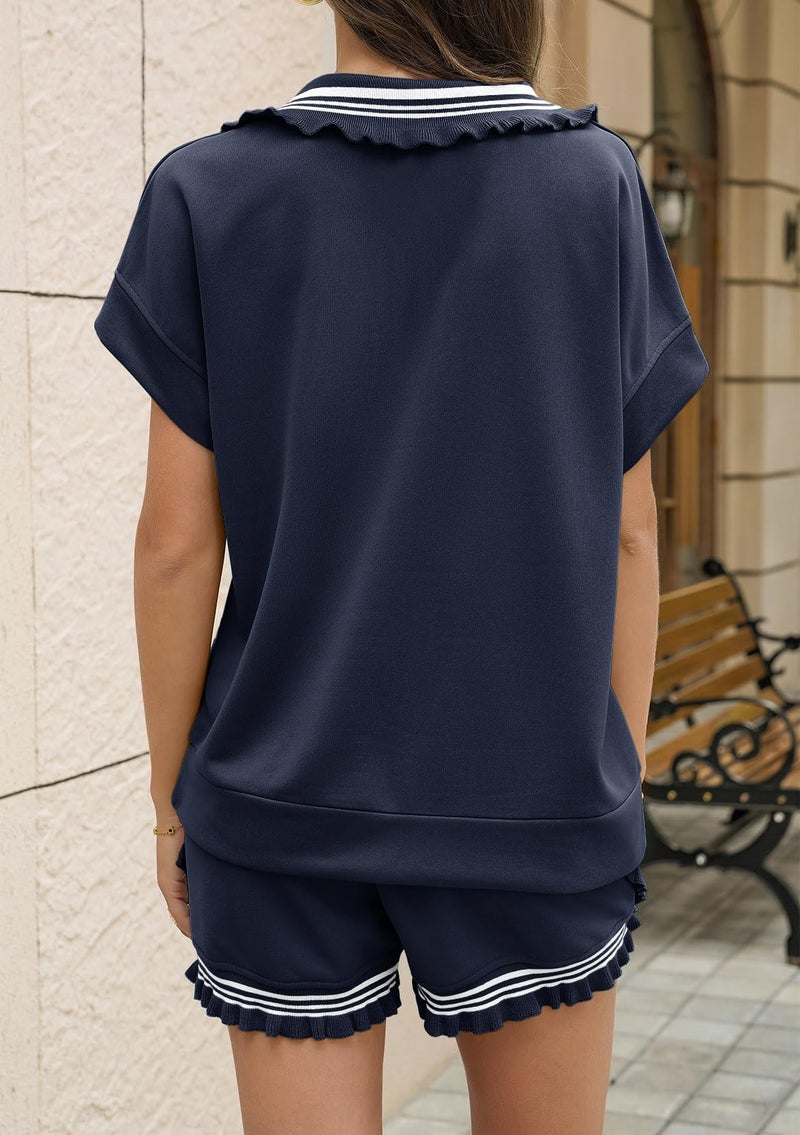 Aoysky 2 Piece Outfits Short Sets for Women Sweatsuit Casual Tracksuits Summer Half Zip Ruffle Tops Matching Sets Navy - Image 4