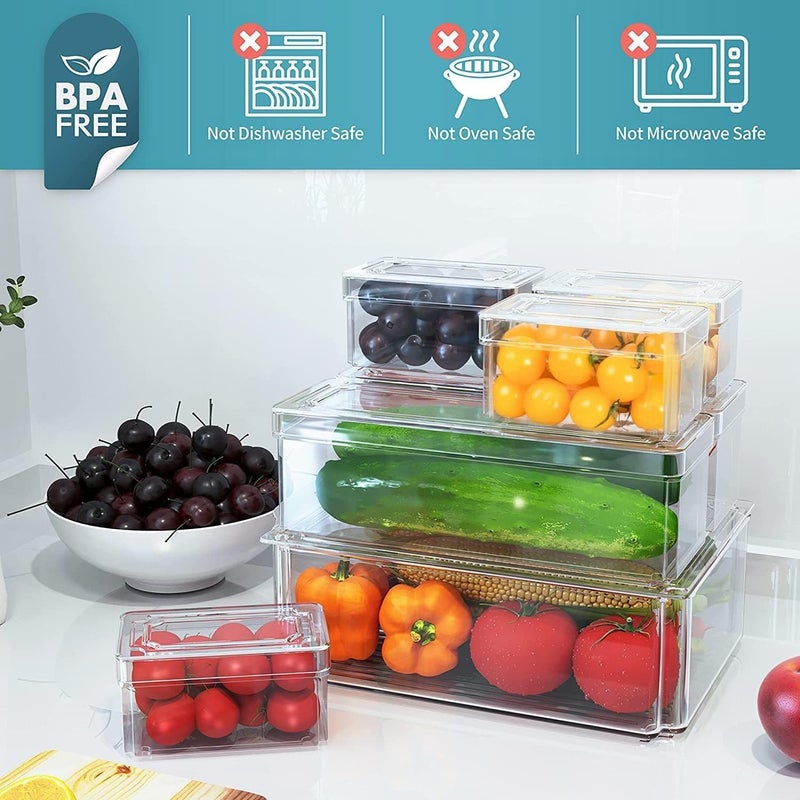 Snazzy Set Of 7 Fridge Organizer Stackable Refrigerator Organizer Bins with Lids Kitchen Organization and Storage Clear Plastic Storage Bins BPAFree Pantry Storage Bins for Food Drinks Vegetable - Image 2
