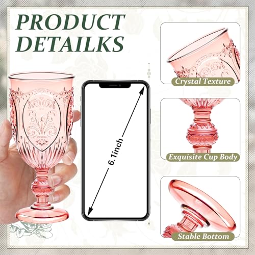 Wiwiqing 24 Pcs Plastic Goblets 7.5oz Vintage Goblet Plastic Wine Glasses Colored Retro Embossed Water Goblets for Wine Bar Juice Baby Shower Wedding Reception Grand Event Party (Pink) - Image 3