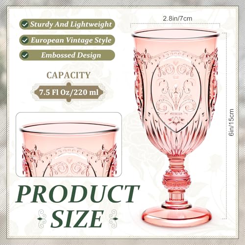 Wiwiqing 24 Pcs Plastic Goblets 7.5oz Vintage Goblet Plastic Wine Glasses Colored Retro Embossed Water Goblets for Wine Bar Juice Baby Shower Wedding Reception Grand Event Party (Pink) - Image 2