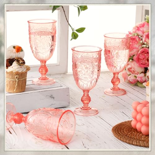 Wiwiqing 24 Pcs Plastic Goblets 7.5oz Vintage Goblet Plastic Wine Glasses Colored Retro Embossed Water Goblets for Wine Bar Juice Baby Shower Wedding Reception Grand Event Party (Pink) - Image 4