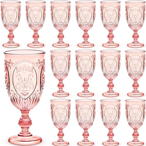 Wiwiqing 24 Pcs Plastic Goblets 7.5oz Vintage Goblet Plastic Wine Glasses Colored Retro Embossed Water Goblets for Wine Bar Juice Baby Shower Wedding Reception Grand Event Party (Pink) - Image 1