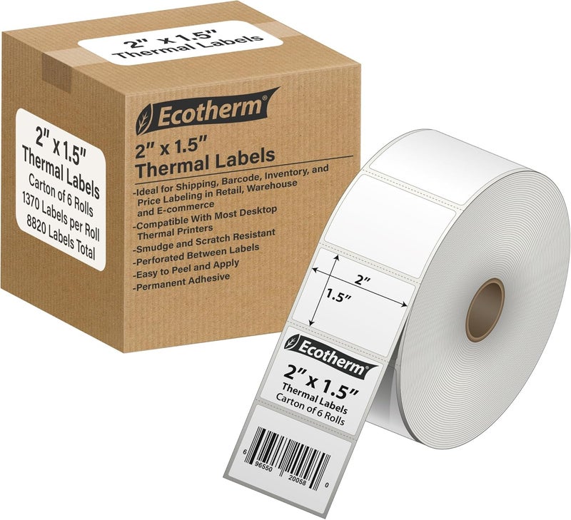 Ecotherm 2" x 1.5" Thermal Labels | 6 Rolls | 8220 Labels | fits Zebra, Munbyn, Rollo, Godex, Arkscan, iDPRT, Offnova Thermal Label Printers and More | Blank White Adhesive Stickers by - Image 1