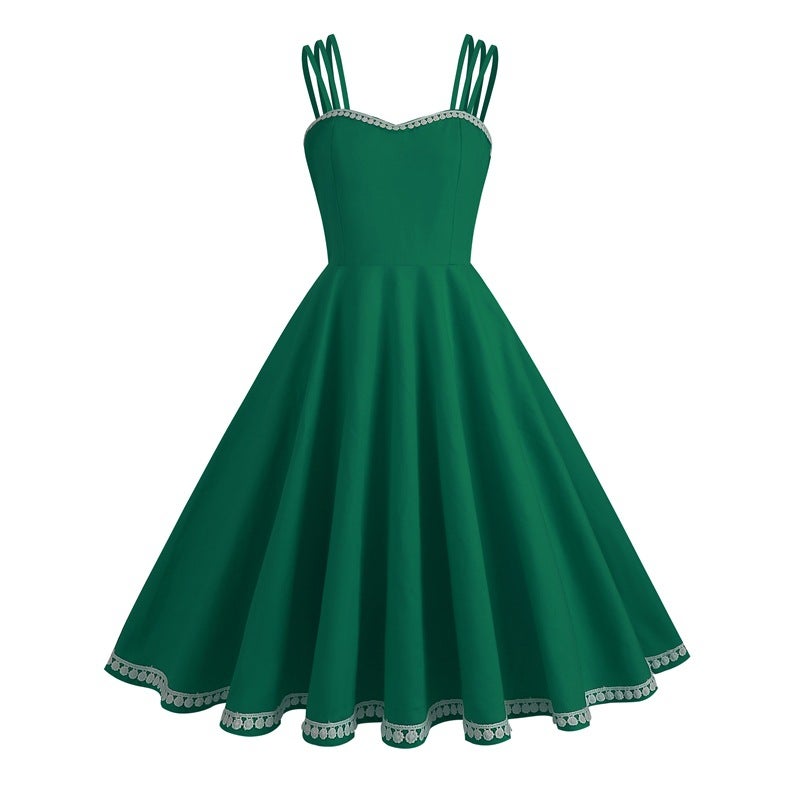 Vintage Solid Spaghetti Strap A-Line Dress - Image 3
