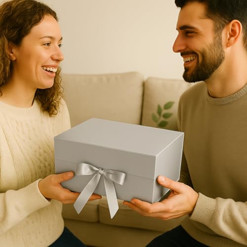 Awestuffs Gift Box Modern Folding Boxes with Ribbon Readymade Boxes for Gifting, Birthday, Parties, Festivals and Return Gifts (Size: Large) (Colour: Silver) (23 x 16 x 10 cm) (Set of 1) - Image 4