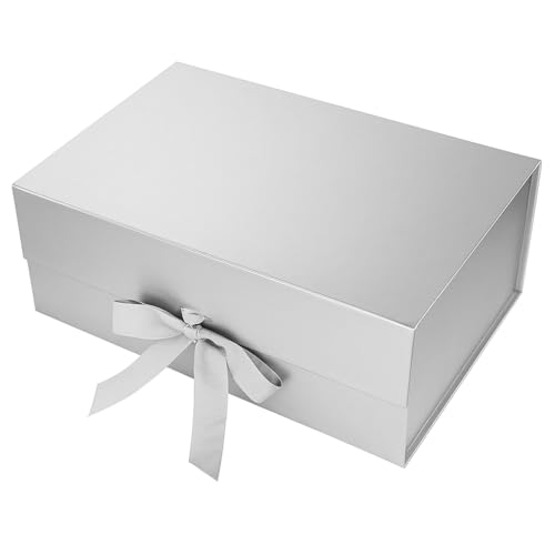 Awestuffs Gift Box Modern Folding Boxes with Ribbon Readymade Boxes for Gifting, Birthday, Parties, Festivals and Return Gifts (Size: Large) (Colour: Silver) (23 x 16 x 10 cm) (Set of 1) - Image 1