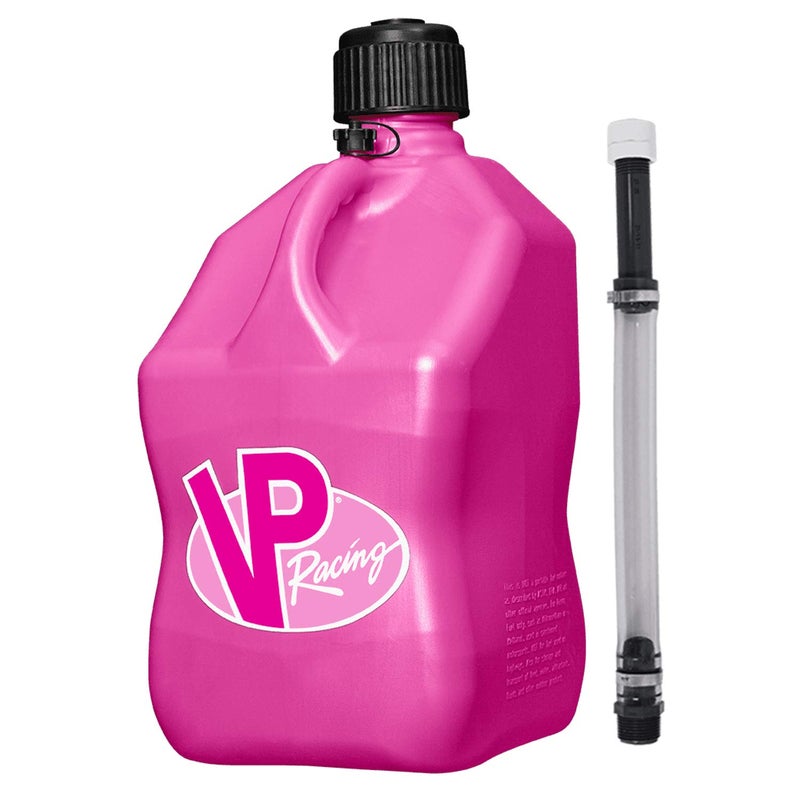 VP Racing Fuels 5 Gallon Square Motorsport Utility Jug Pink w 14 Inch Standard Hose Features a CloseTrimmed Cap and Neck for Tight Seal